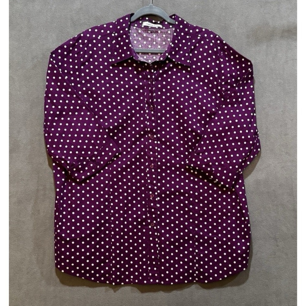 Chelsea Studio Top Blouse Women's Purple Button Up Polka Dot 3/4 Sleeve READ